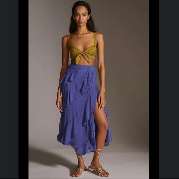 Anthropologie A-Line Ruffle Slit Midi Skirt Size 4 - Picture 1 of 7